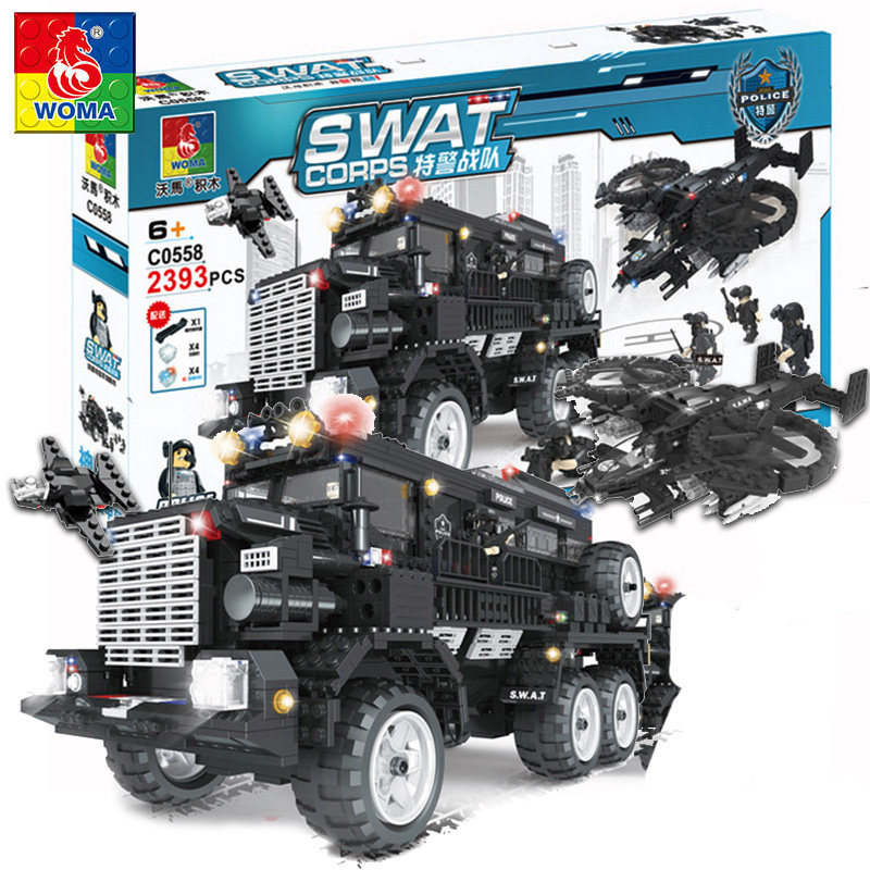 沃马2393粒拼插积木神盾号特警战队防雷反伏击装甲车益智拼搭玩具
