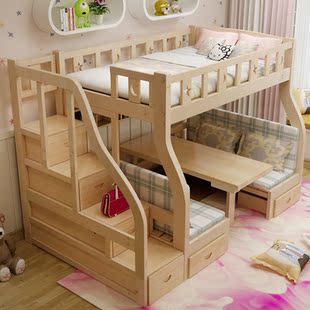 成人高架床儿童多功能组合实木高低床松木上下床学生书桌床可订制