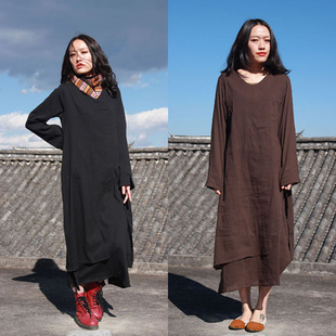 【特价】纯色 阡陌素衣 v领长袖棉麻绉布双层纯色文