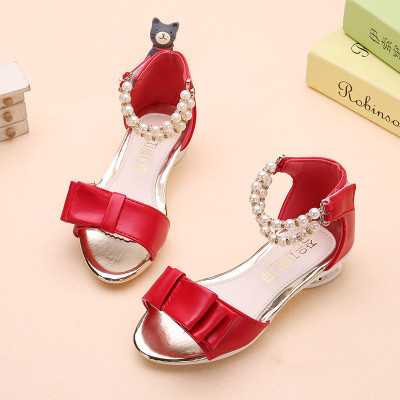 2017夏季新款女童凉鞋小女孩鱼嘴珍珠中大童蝴蝶结儿童高跟公主鞋