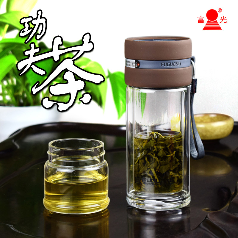 富光泡茶师双层玻璃杯方便携带的功夫茶杯过滤带盖茶水分离水杯