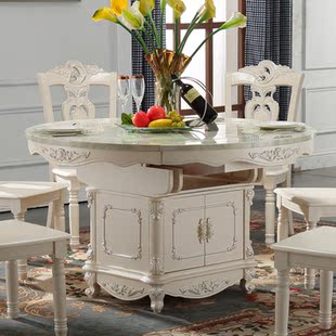欧式大理石椭圆形圆餐桌餐厅实木伸缩储藏柜雕花饭桌子带转盘组合