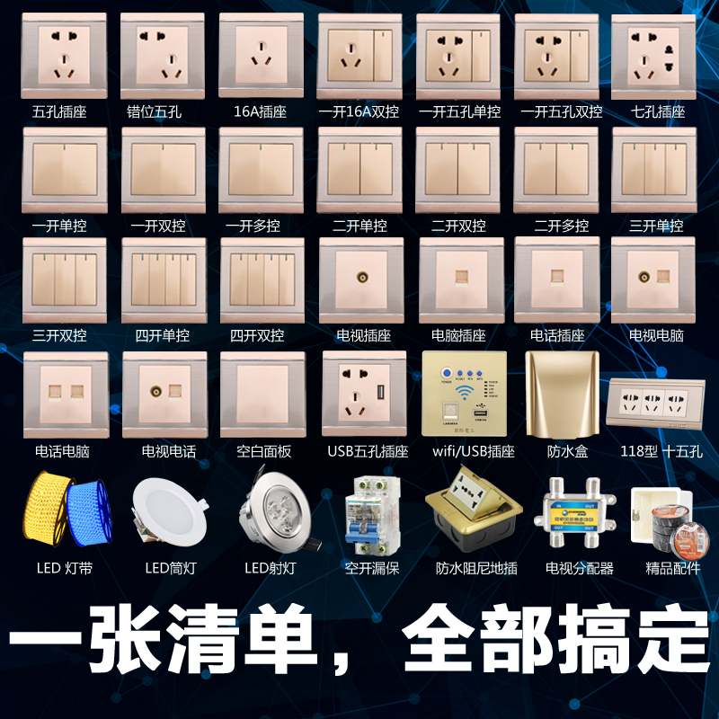 國際電工118型牆壁開關 香檳金色 四位 一開電腦六孔十孔插座面板