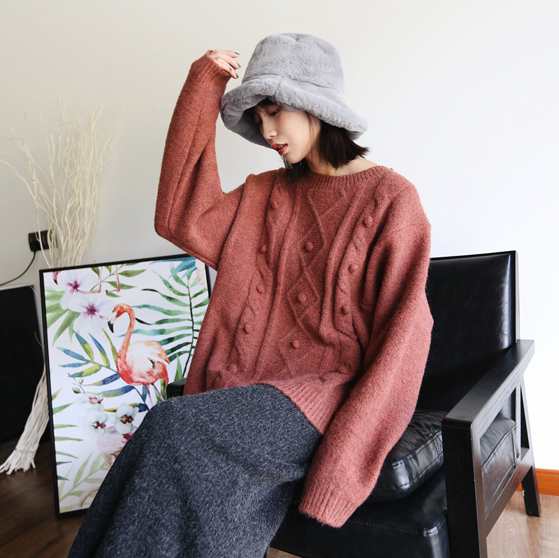 ayi温柔韩风宽松球球粗线麻花圆领套头毛衣女 侧开叉加厚慵懒线衫