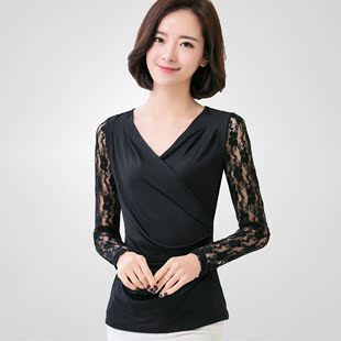 2017春装新款女士上衣韩版修身v领打底衫大码长袖t恤显瘦蕾丝小衫