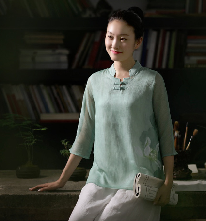 佛笑缘之所谓伊人 真丝棉手绘荷花中式上衣 淡绿色 少量现货