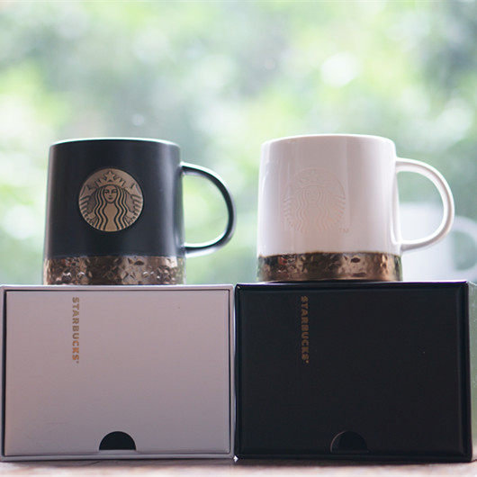 星巴克杯子夏画金黑白女神logo铜牌复古马克杯情侣对杯礼品礼盒装