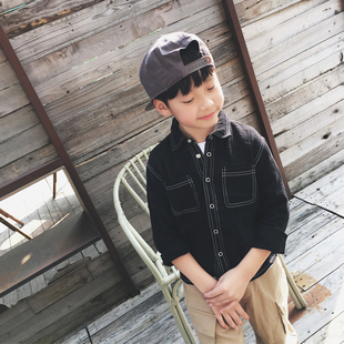 悦悦家2017春季新款男童衬衫长袖韩国简约儿童衬衣男宝宝黑色寸衫