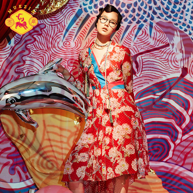 密扇2016年春季新款设计师女装中国风红色印花改良民族风连衣裙