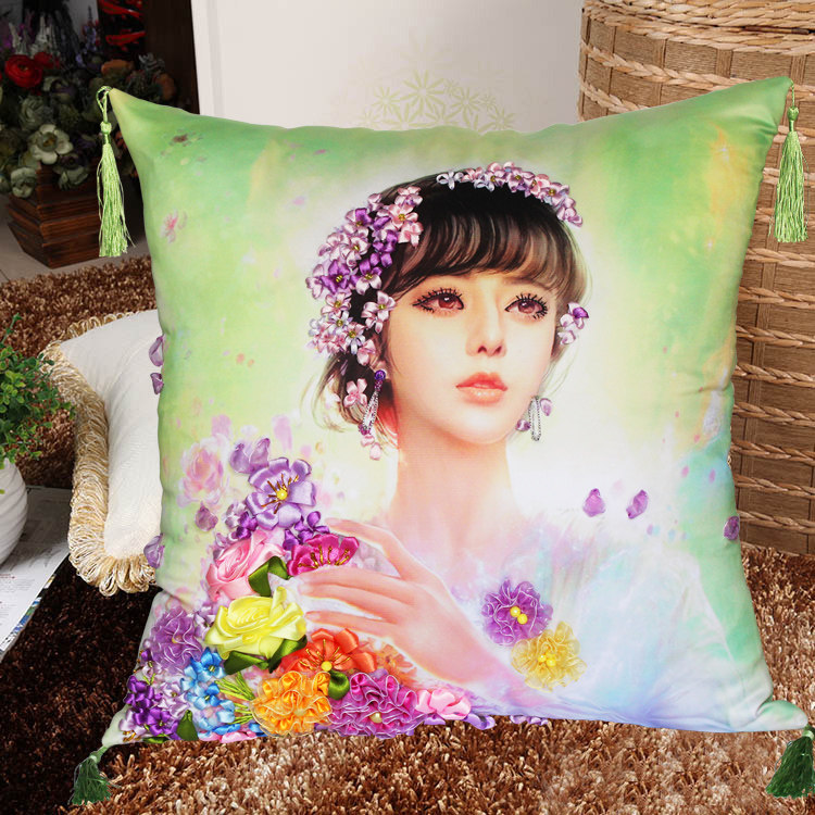 包邮正品丝带绣抱枕新款 花仙子 5d印花立体绣非十字绣沙发靠垫