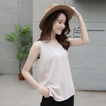 夏季新款冰丝无袖吊带背心女宽松打底衫假两件带扣子百搭外穿上衣_9折