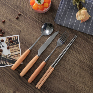 刀叉 日式榉木手柄刀叉勺筷子套装礼盒四件套 不锈钢便携式西餐餐具