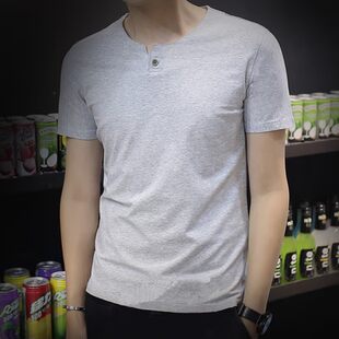 唯品会夏季t恤男士短袖修身韩版纯棉简约大码v领半袖潮丅男装上衣