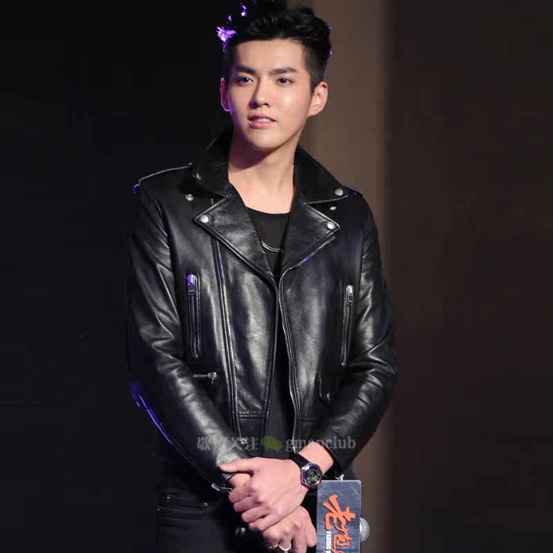 gman 法国皮王isaac sellam 莱卡羊皮修身弹力男士连帽真皮皮衣