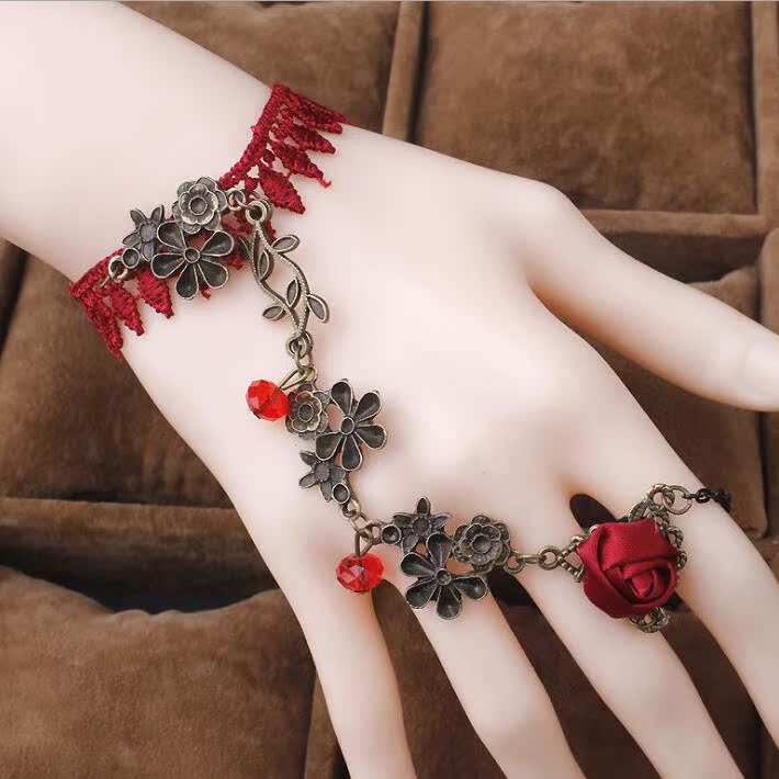 欧美蕾丝新娘饰品宝石手链玫瑰花手镯戒指一体链韩版舞台影楼首饰