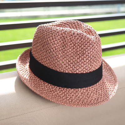 天然纸草镂空手钩编织爵士帽夏季旅游户外防晒遮阳爵士草帽小礼帽