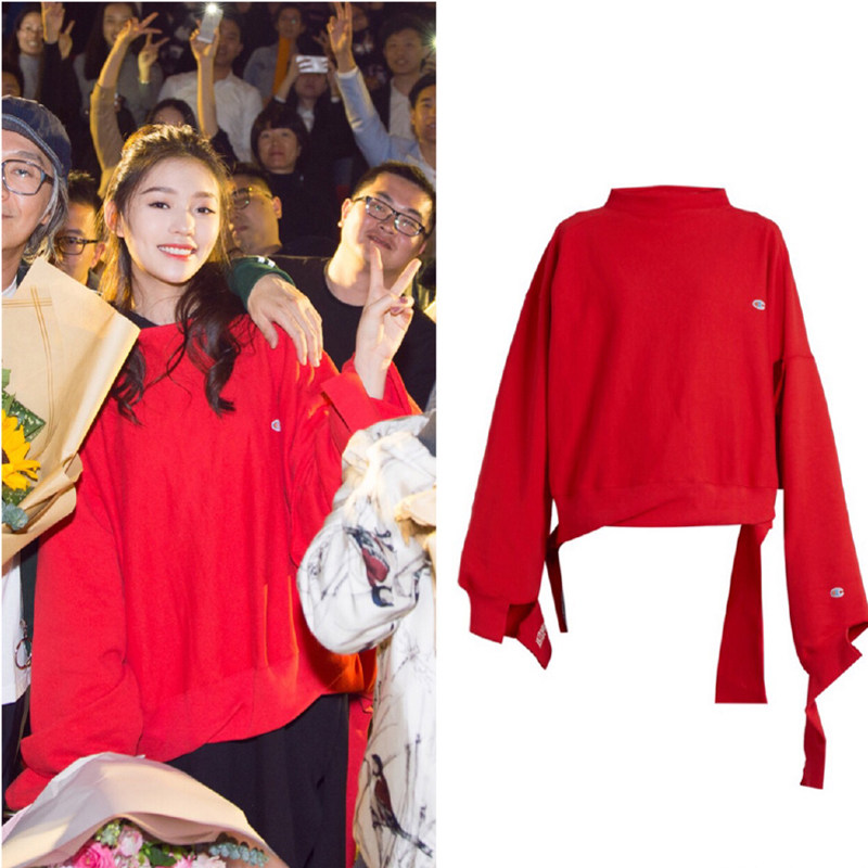 vetements studios冠军刺绣林允同款红色卫衣女不规则宽松套头