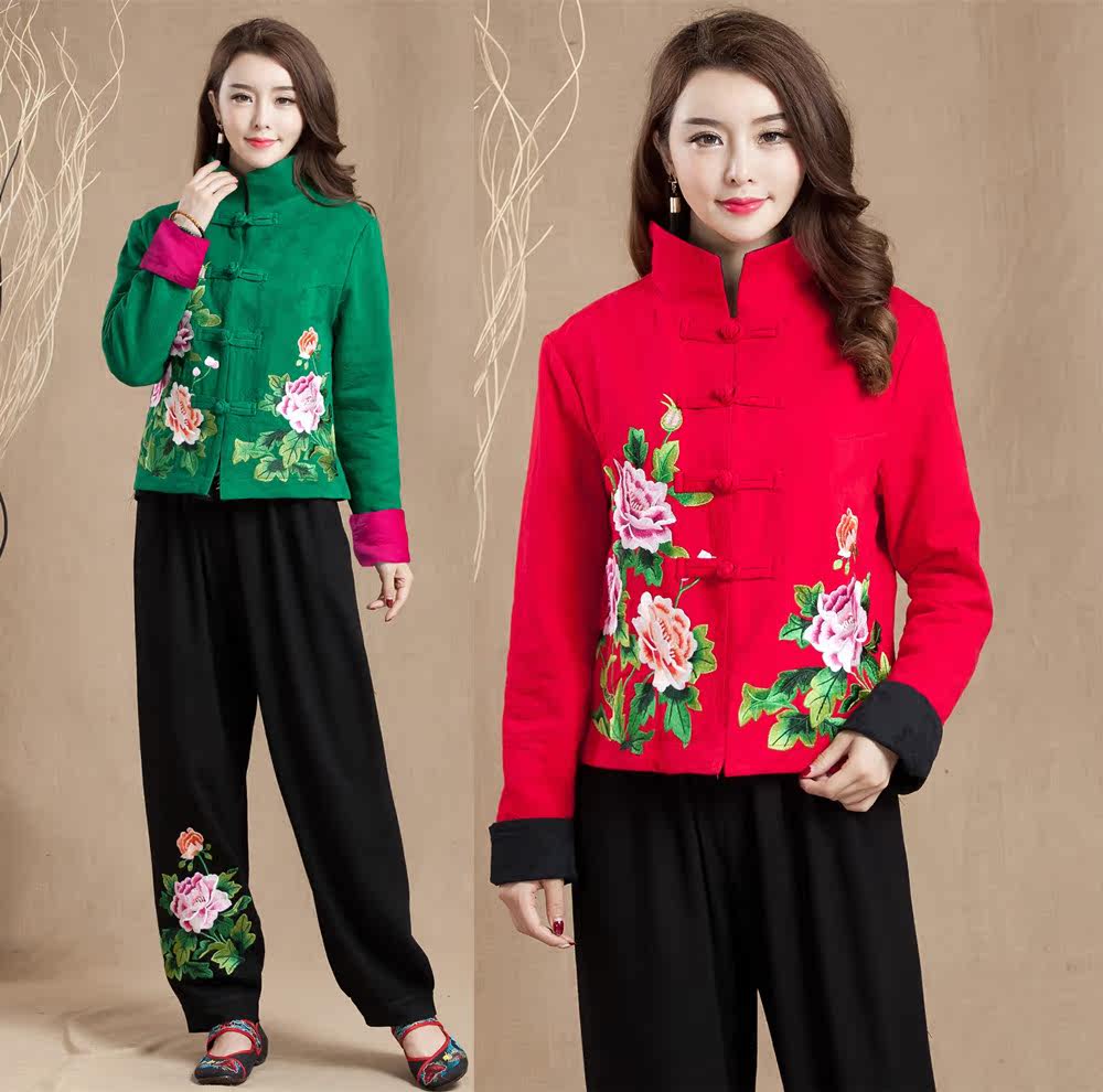 2017春秋女装民族风绣花短外套女式中老年妈妈装翻领长袖盘扣上衣