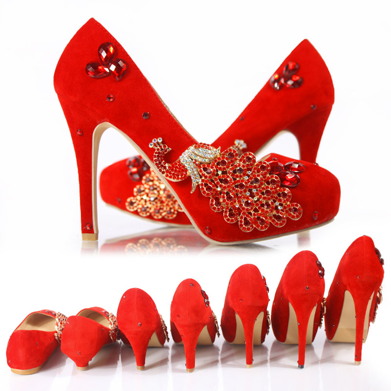 特价春夏红色新娘鞋水晶钻结婚纱礼服伴娘优雅演出大码圆头女鞋子