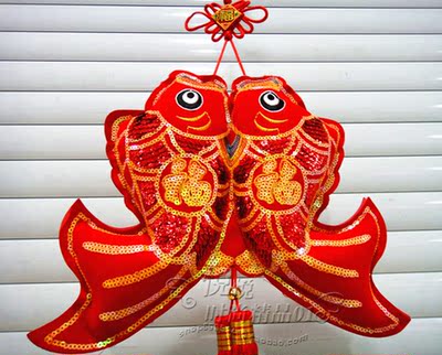 新款彩亮片绒布对鱼 新年装饰用品 挂件 福字鱼 门窗挂 布艺挂鱼