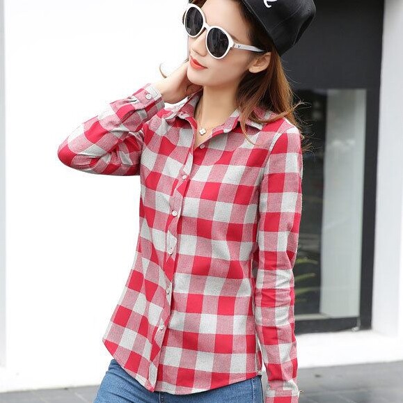 2017新款女士长袖纯棉衬衫衣女土格子休闲方格村衫忖寸衫衬衣秋天