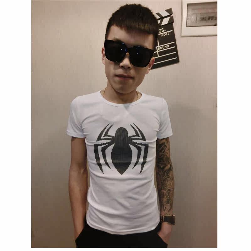 快手红人四哥同款印花短袖t恤上衣潮青少年修身圆领个性半截袖t男