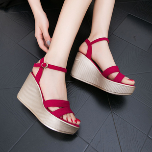 高跟坡跟凉鞋女夏2017新款松糕厚底防水台甜美波西米亚坡跟凉鞋女