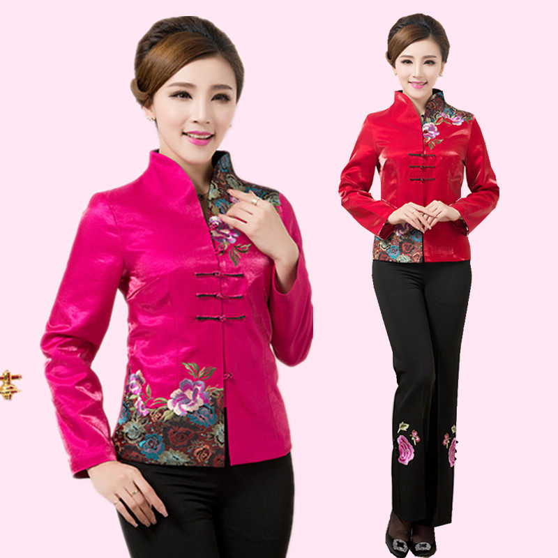 新款中老年春秋装棉麻唐装女中式民族风外套 裤子 气质妈妈装套装