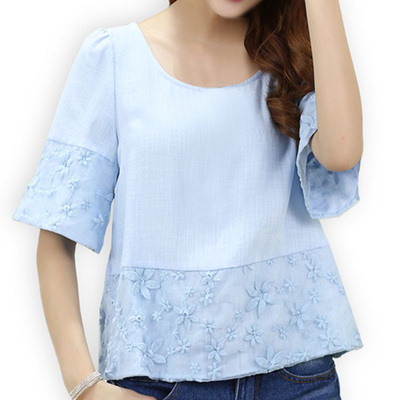 简约文艺t恤2015夏季小衫中袖棉麻短款上衣女娃娃衫夏装宽松短袖