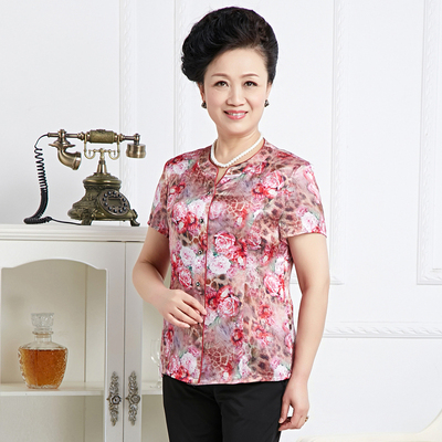 福太太中老年女装真丝衬衫春妈妈装桑蚕丝短袖衬衣弹力t恤142125