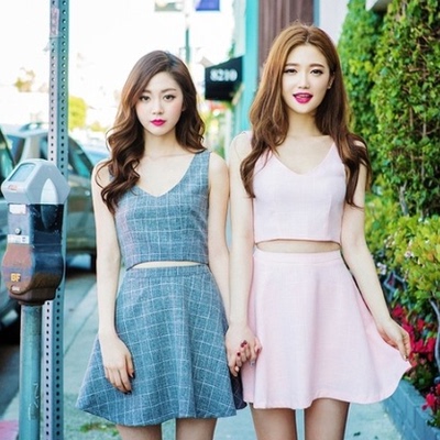 韩版格子姐妹闺蜜装露脐高腰背心a字连衣裙时尚套装两件套女夏
