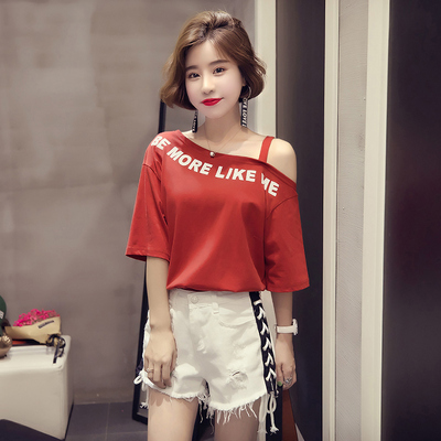 露肩上衣韩国女夏2017新款小心机短袖t恤宽松一字领性感小露香肩