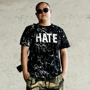 喷漆 大码男装纯棉长袖t恤圆领嘻哈胖子加肥加大打底衫 个性街头喷漆