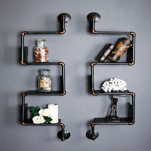 美式工业水管书架实木上墙挂铁艺复古做旧置物架壁挂收纳架子货架