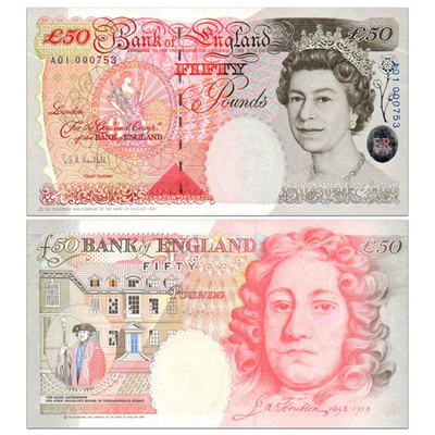 全新unc 英国50英镑 1994年 p-388 纪念英格兰银行成立300周年