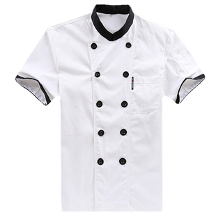 厨师服短袖饭店西餐厅酒店双排服装厨衣夏厨房厨师工作服黑领包邮