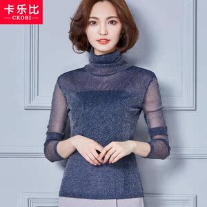 女士秋装春秋蕾丝高领打底衫女长袖薄款网纱衣服女秋天长袖t恤女