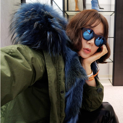 来自星星的你同款大衣千颂伊外套女军绿色超大毛领冬装短款棉衣女