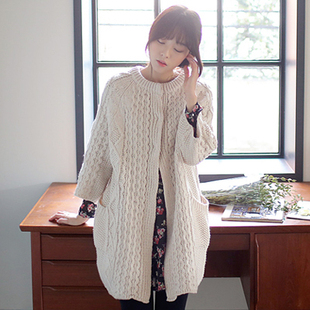毛衣 韩国代购 麻花粗针棒加厚中长针织宽松毛衣开衫毛针织衫外套