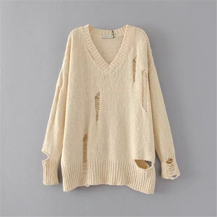 慵懒风做旧破洞毛衣女秋冬新款套头宽松潮冬季长袖针织衫打底衫女