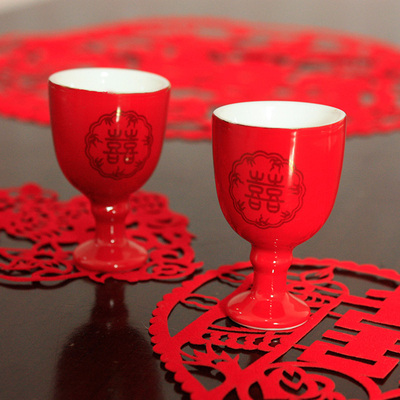 结婚用品大红色双囍字喜庆敬酒杯交杯酒杯陶瓷小号酒杯酒盅