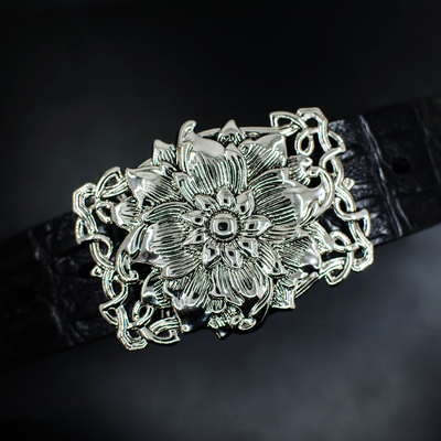 爆款男士手工中国风复古皮带男牛皮腰带男时尚镀银民族莲花皮带男