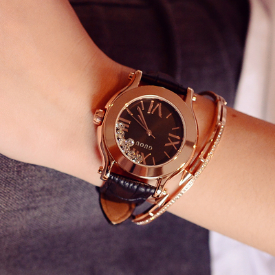 2016新款 时尚简约滚动水钻皮带手表 休闲女表 时装表 腕表石英表