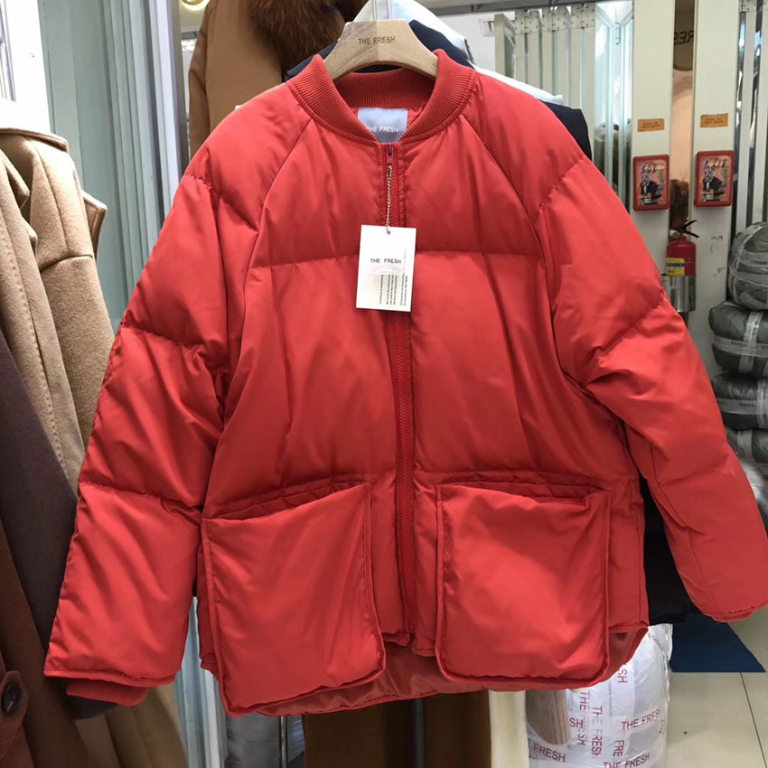 韩国冬季thefresh圆领羽绒服短款面包服外套女双口袋纯色宽松棉服