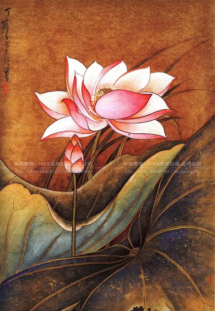 仿手绘油画荷花睡莲装饰画画芯欧中式客厅卧室书房壁画挂画艺术画