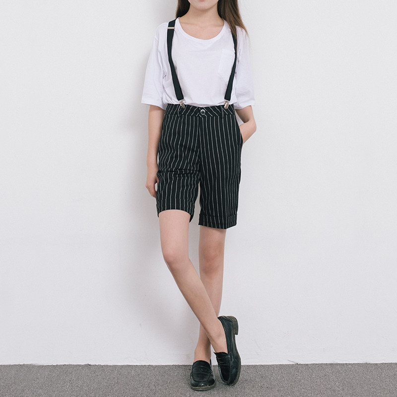 复古英伦风竖条纹西装短裤中性帅气五分背带裤修身直筒休闲女中裤