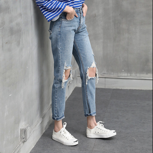 2017夏季新款韩版九分显瘦bf风宽松哈伦大破洞牛仔裤女乞丐裤潮