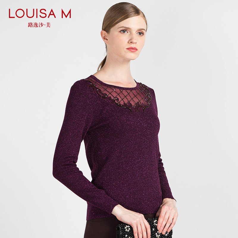 路逸沙美louisa m2017秋简约百搭镂空提花针织套头衫k154t03