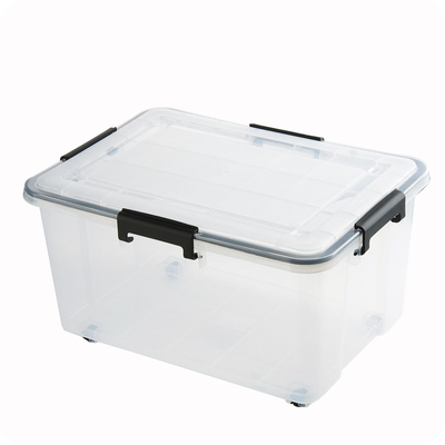 加厚透明塑料衣物收纳箱整理箱食物防潮密封储物箱有盖带滑轮箱子