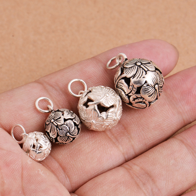 925纯银配件diy银饰品花朵镂空泰银铃铛手链吊坠挂件手工串珠配饰